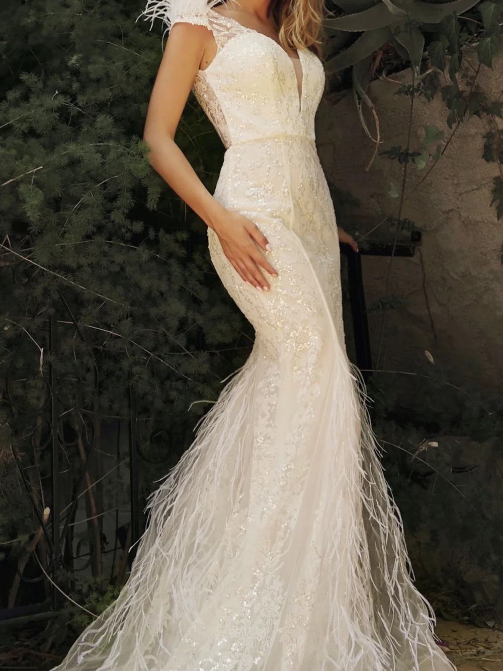 GLS Collective Ivory Feather-Embellished Sequin Bridal Gown